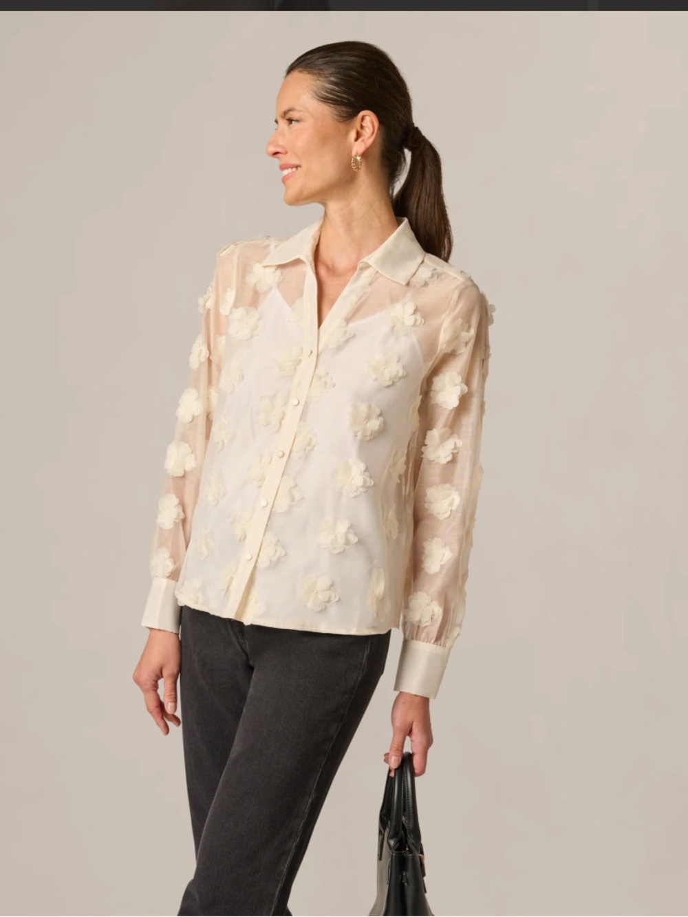 NWT Adrianna Papell Sheer 3D Floral Button-Up Blouse — Cream